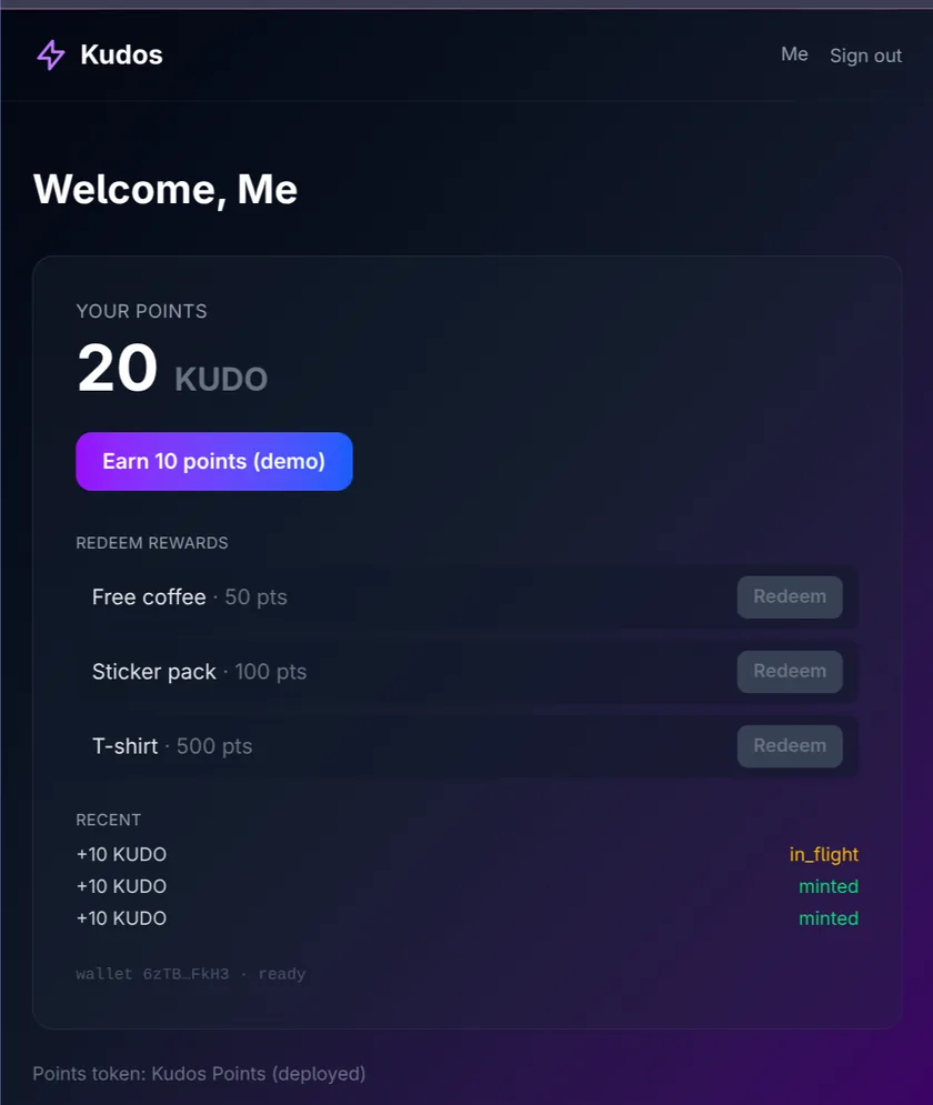 Kudos — a loyalty points program on Solana screenshot