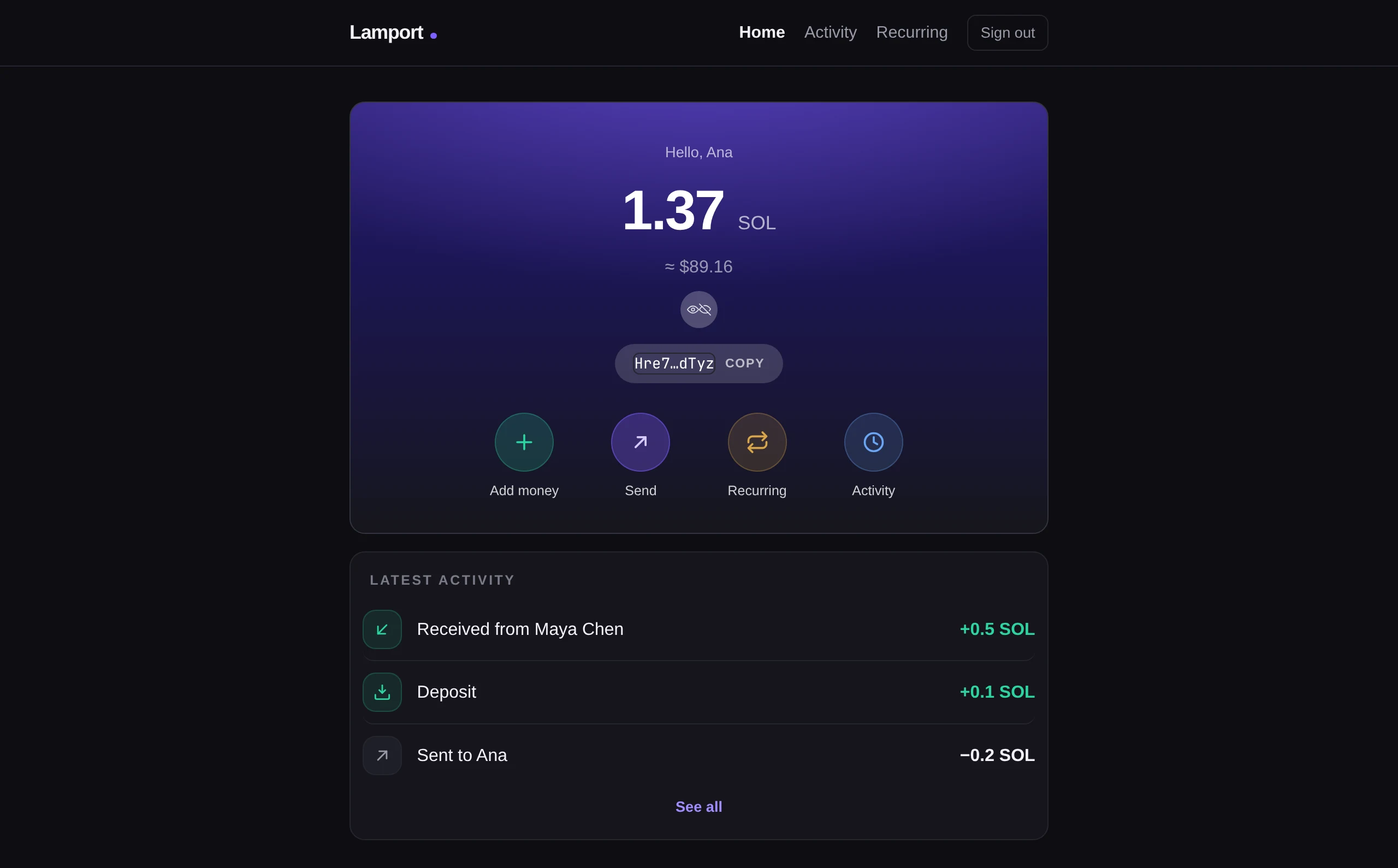 Lamport — a neobank on Solana, in Rails screenshot