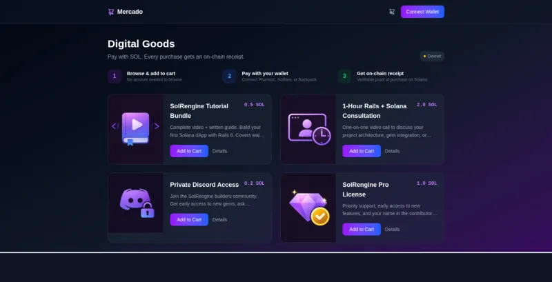 Mercado — Solana storefront with SOL payments and on-chain receipts